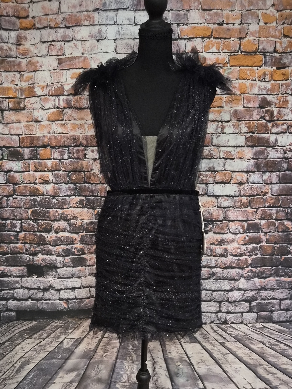 Luxxel Black Sparkle Tulle Mini Dress with Plunging V-Neck